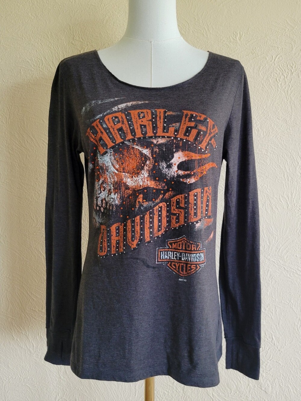 Harley-Davidson | Rhinestoned Flaming Skull Long Sleeve